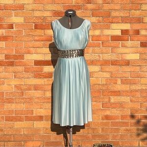 Vintage Baby Blue Pleated Sheath Dress with Silver Sequins Waistband c. 1960